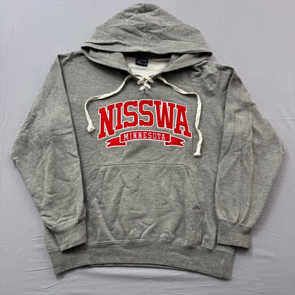 MV Sport Nisswa Minnesota Lace Up Hoodie Gray Red Applique Men Medium Sweatshirt